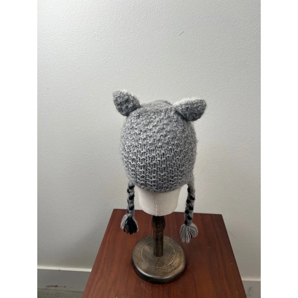 Kids Grey Jimothy Raccoon Hand Knit Animal Beanie Earflap Hat  Braided Tassels